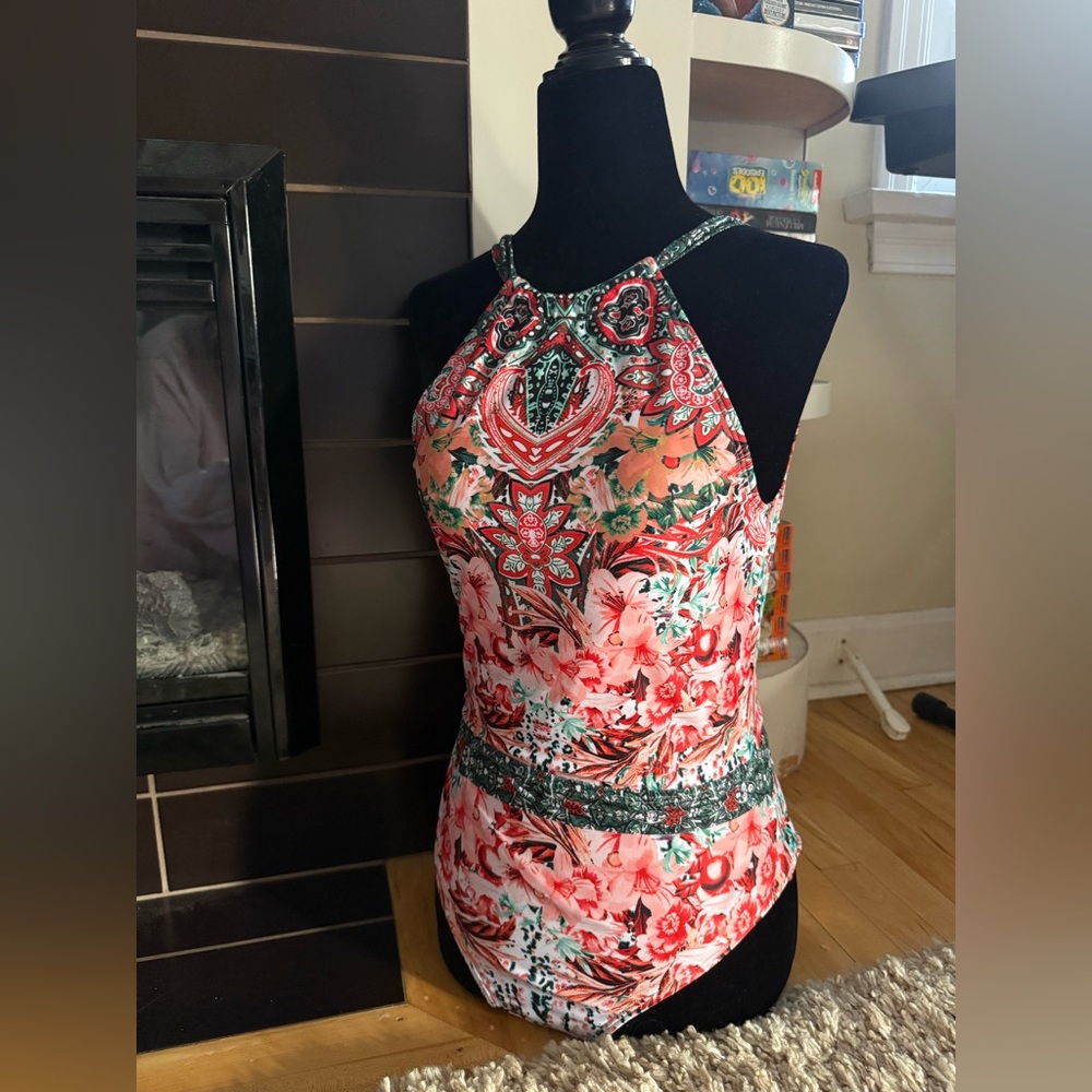 SHEIN Floral Halter One Piece Swimsuit - Red and Green
